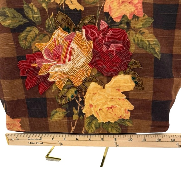 Cynthia Hart Los Angeles Floral Plaid Tote Bag Purse Bamboo Handles Gold Brown - Picture 8 of 14